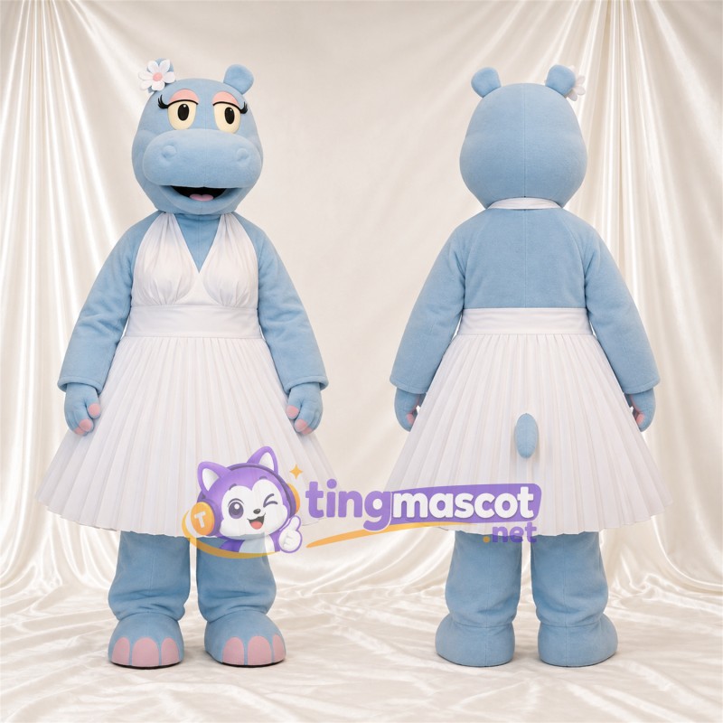 Costume de mascotte Hippopotame – bleu – Robe (blanc); Tête