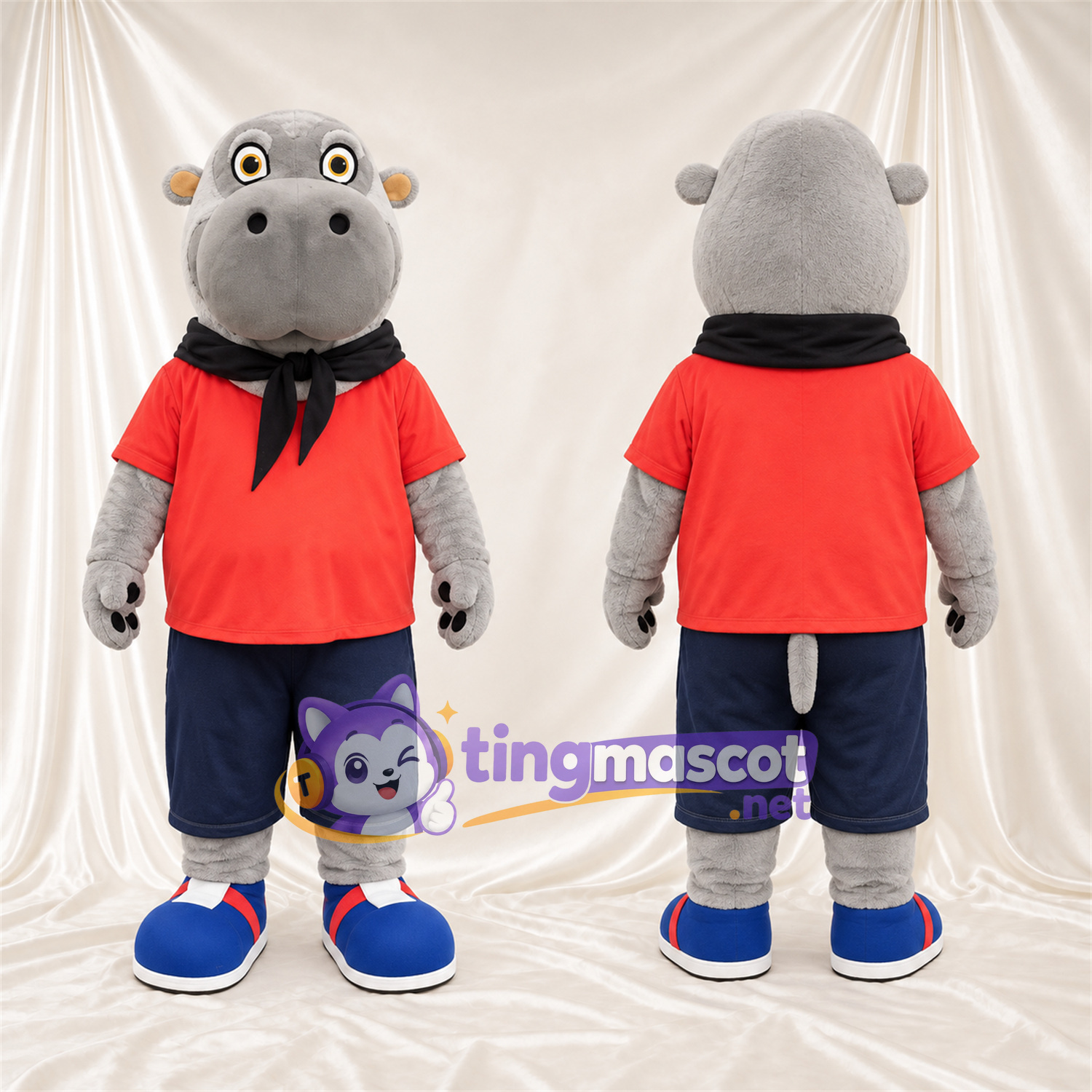 Costume de mascotte Hippopotame – gris – Chemise (rouge); Short (bleu marine) Costume de mascotte Hippopotame – gris – Chemise (rouge); Short (bleu marine)