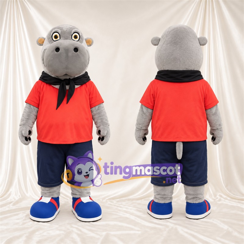 Costume de mascotte Hippopotame – gris – Chemise (rouge); Short (bleu marine)