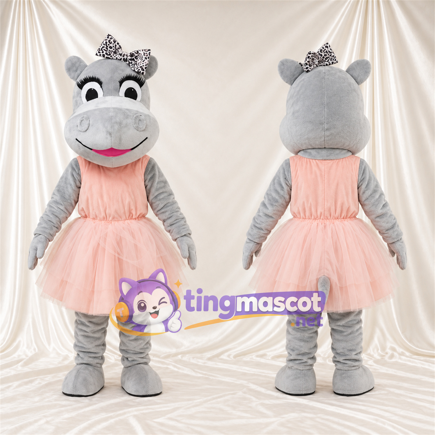 Costume de mascotte Hippopotame – gris – Robe (rose); Mains (gris) Costume de mascotte Hippopotame – gris – Robe (rose); Mains (gris)