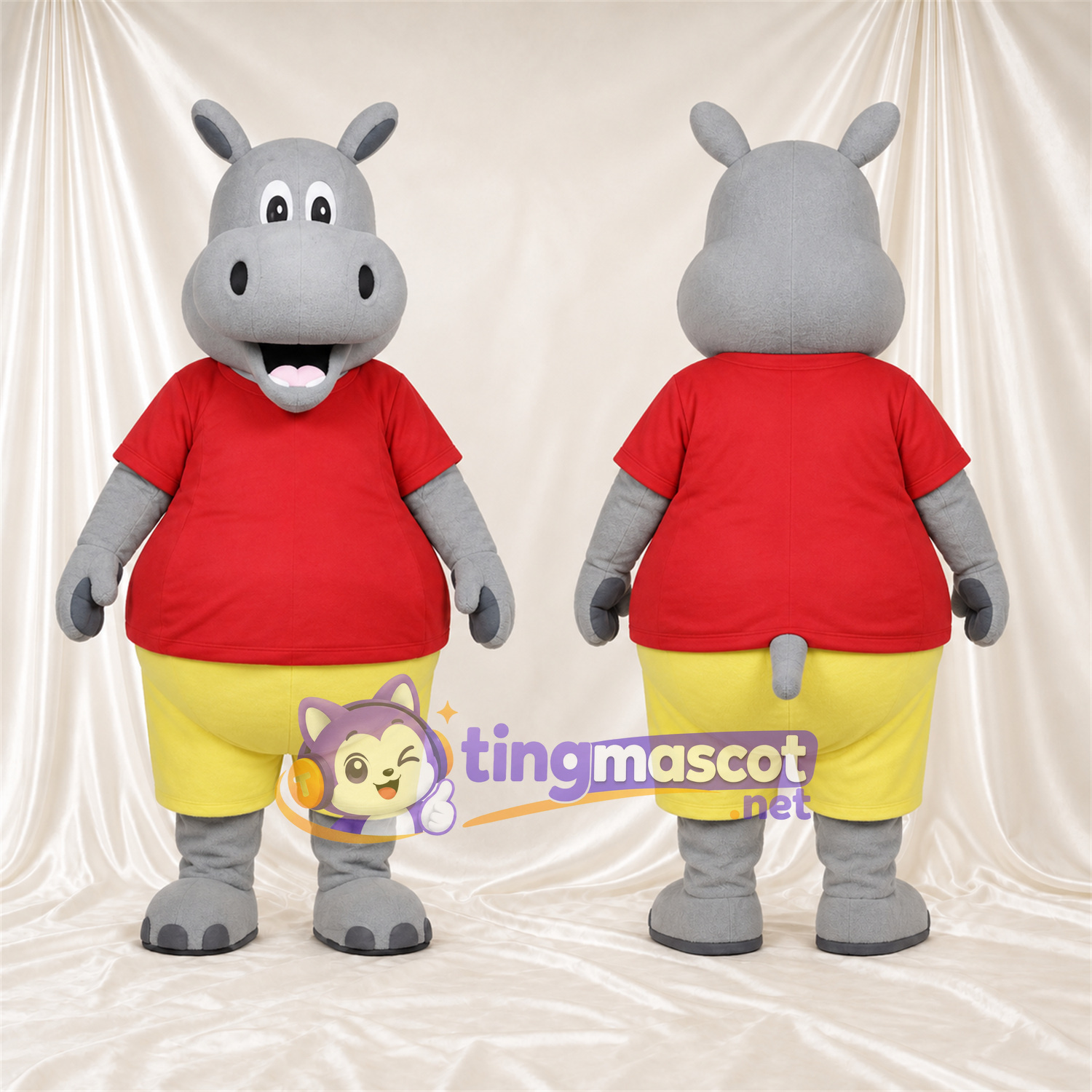 Costume de mascotte Hippopotame – gris – Chemise (rouge); Short (jaune) Costume de mascotte Hippopotame – gris – Chemise (rouge); Short (jaune)