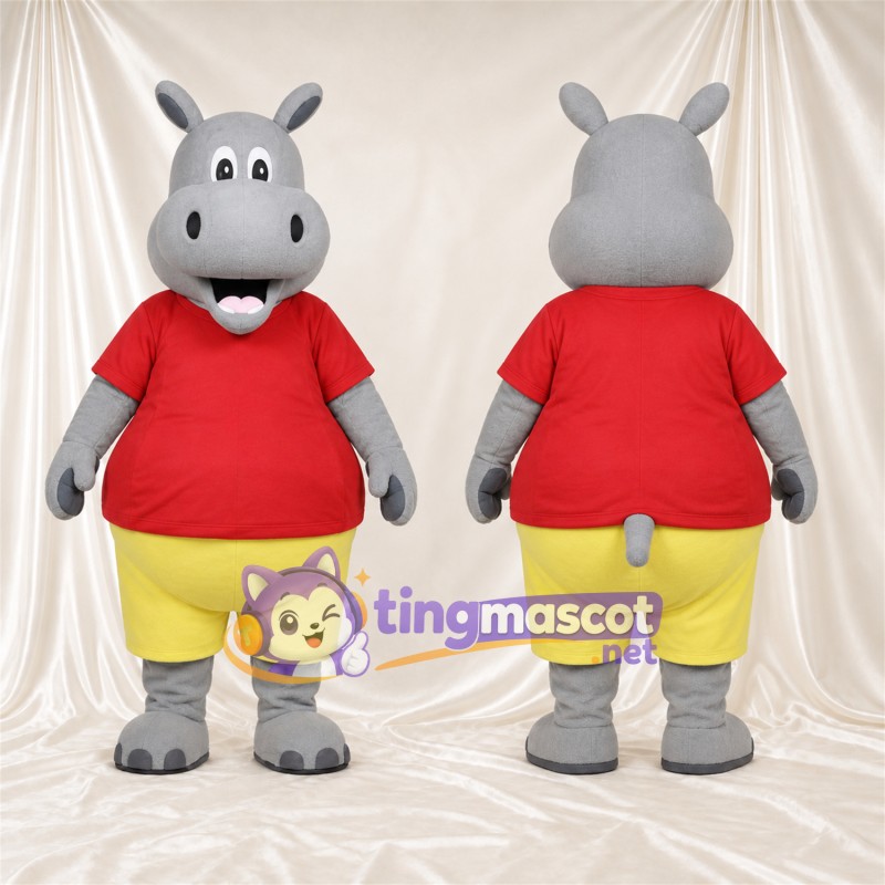 Costume de mascotte Hippopotame – gris – Chemise (rouge); Short (jaune)