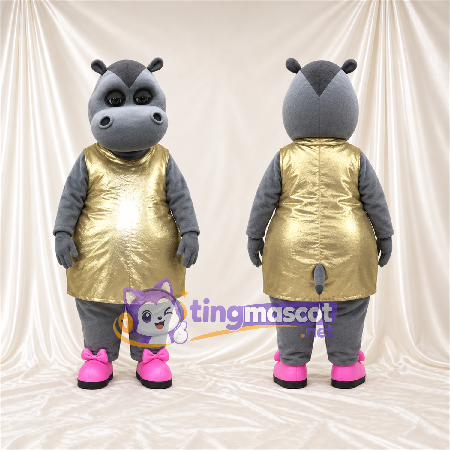 Costume de mascotte Hippopotame – gris – Robe (doré) Costume de mascotte Hippopotame – gris – Robe (doré)