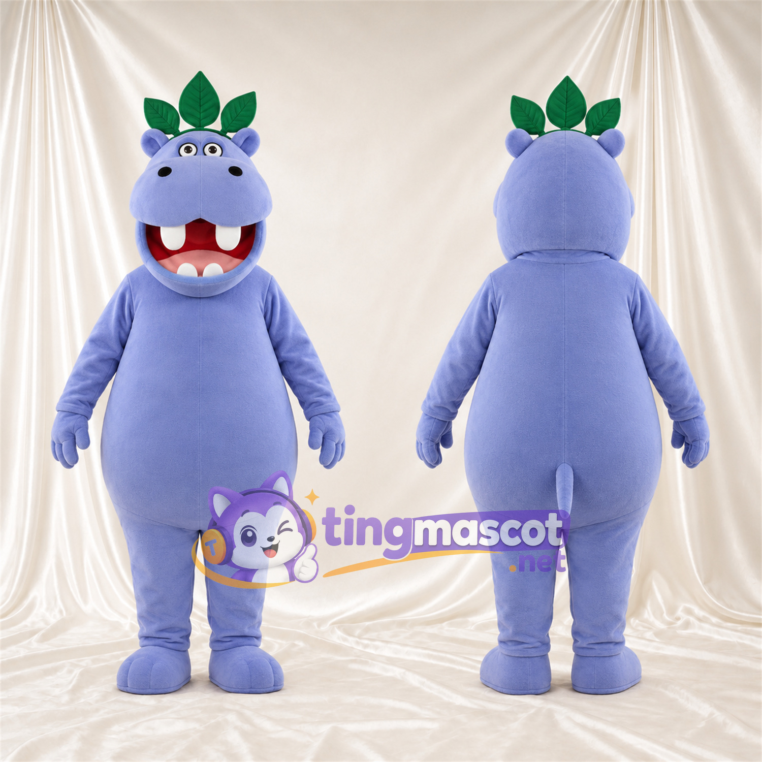 Costume de mascotte Hippopotame – violet – Feuille; Couronne Costume de mascotte Hippopotame – violet – Feuille; Couronne
