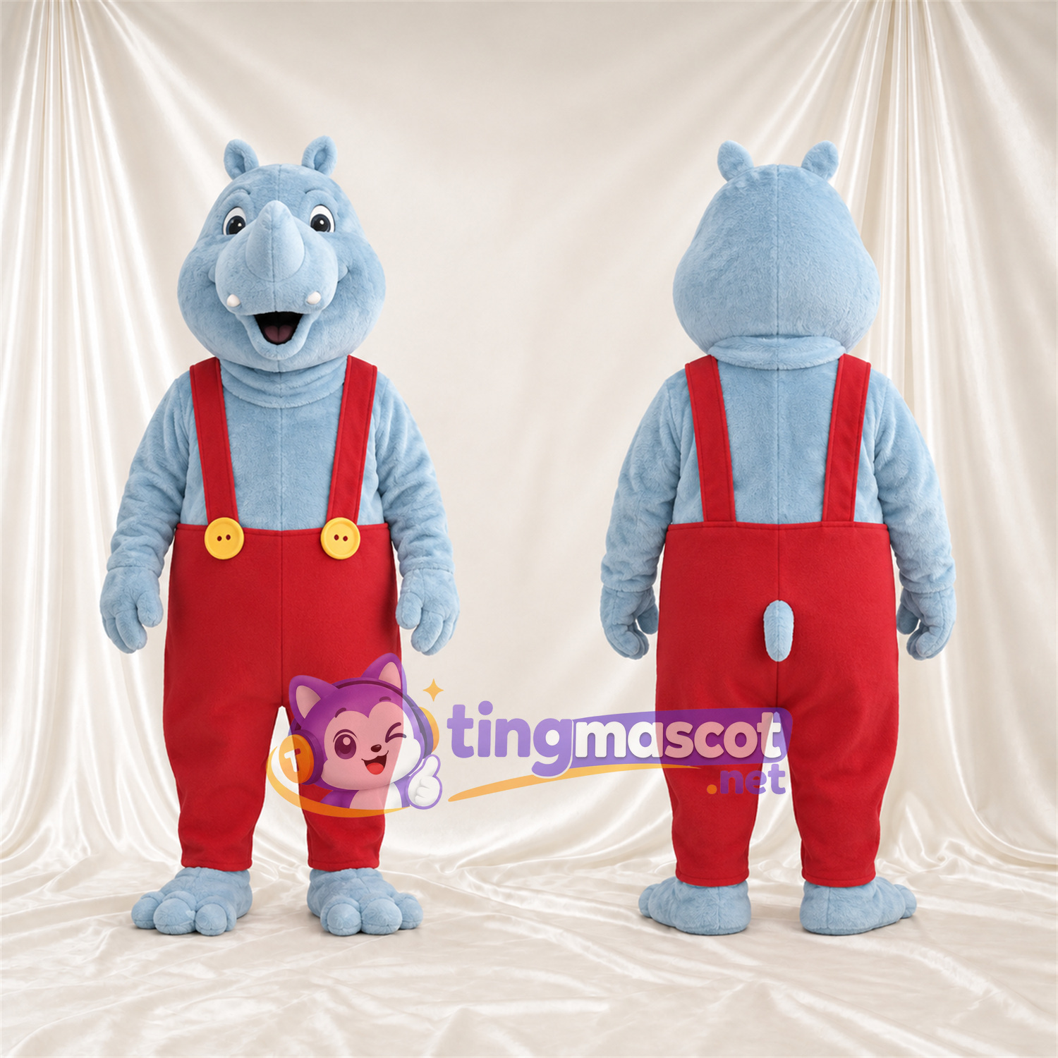 Blue Hippopotamus Mascot Costume - Red Overalls, Buck Teeth and Yellow Buttons Blue Hippopotamus Mascot Costume - Red Overalls, Buck Teeth and Yellow Buttons
