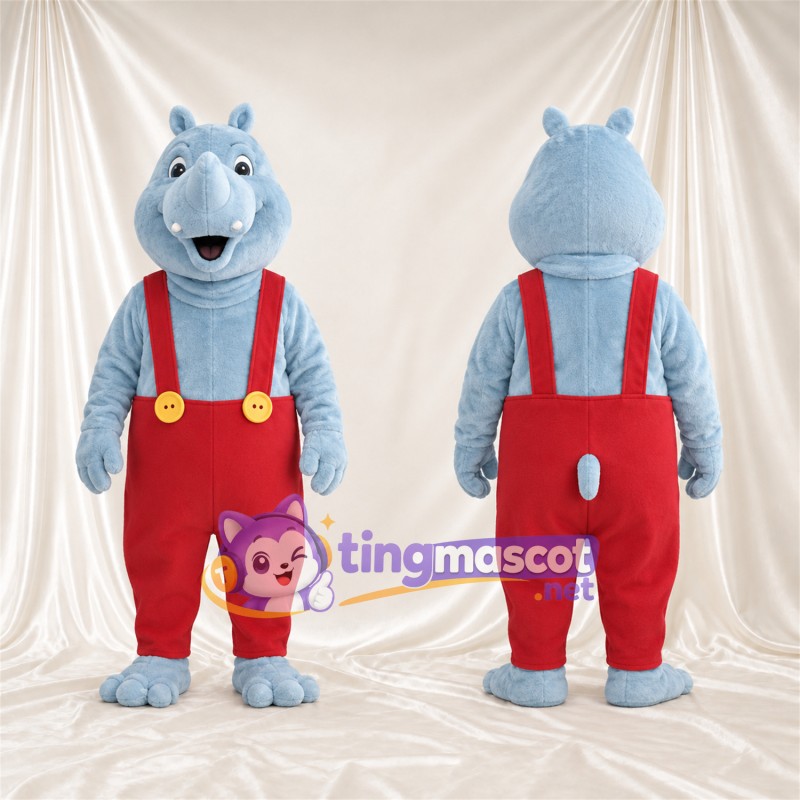 Blue Hippopotamus Mascot Costume - Red Overalls, Buck Teeth and Yellow Buttons
