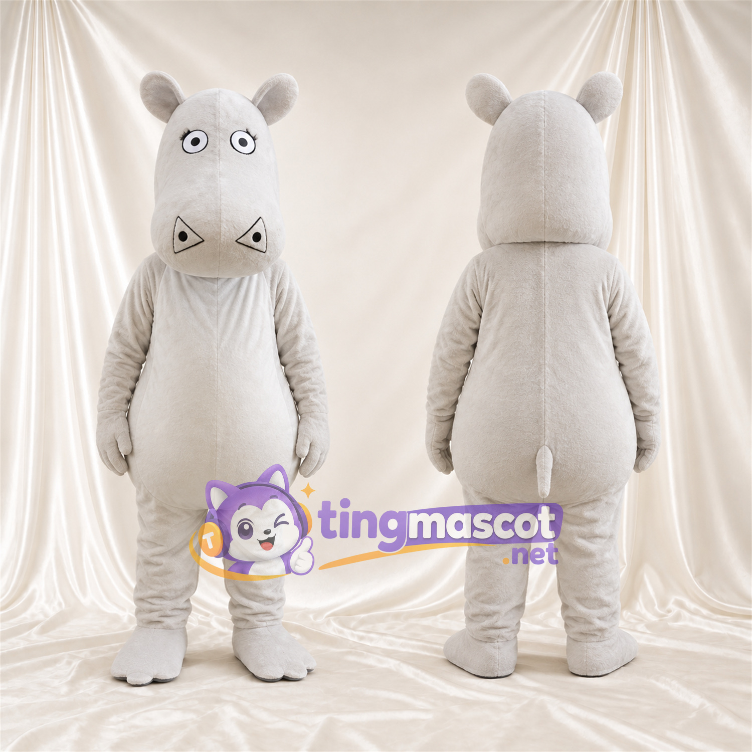 Costume de mascotte Hippopotame – blanc – Ventre rond; Grandes incisives Costume de mascotte Hippopotame – blanc – Ventre rond; Grandes incisives