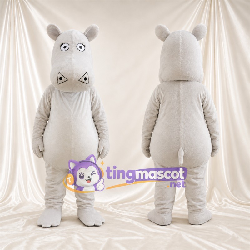Costume de mascotte Hippopotame – blanc – Ventre rond; Grandes incisives