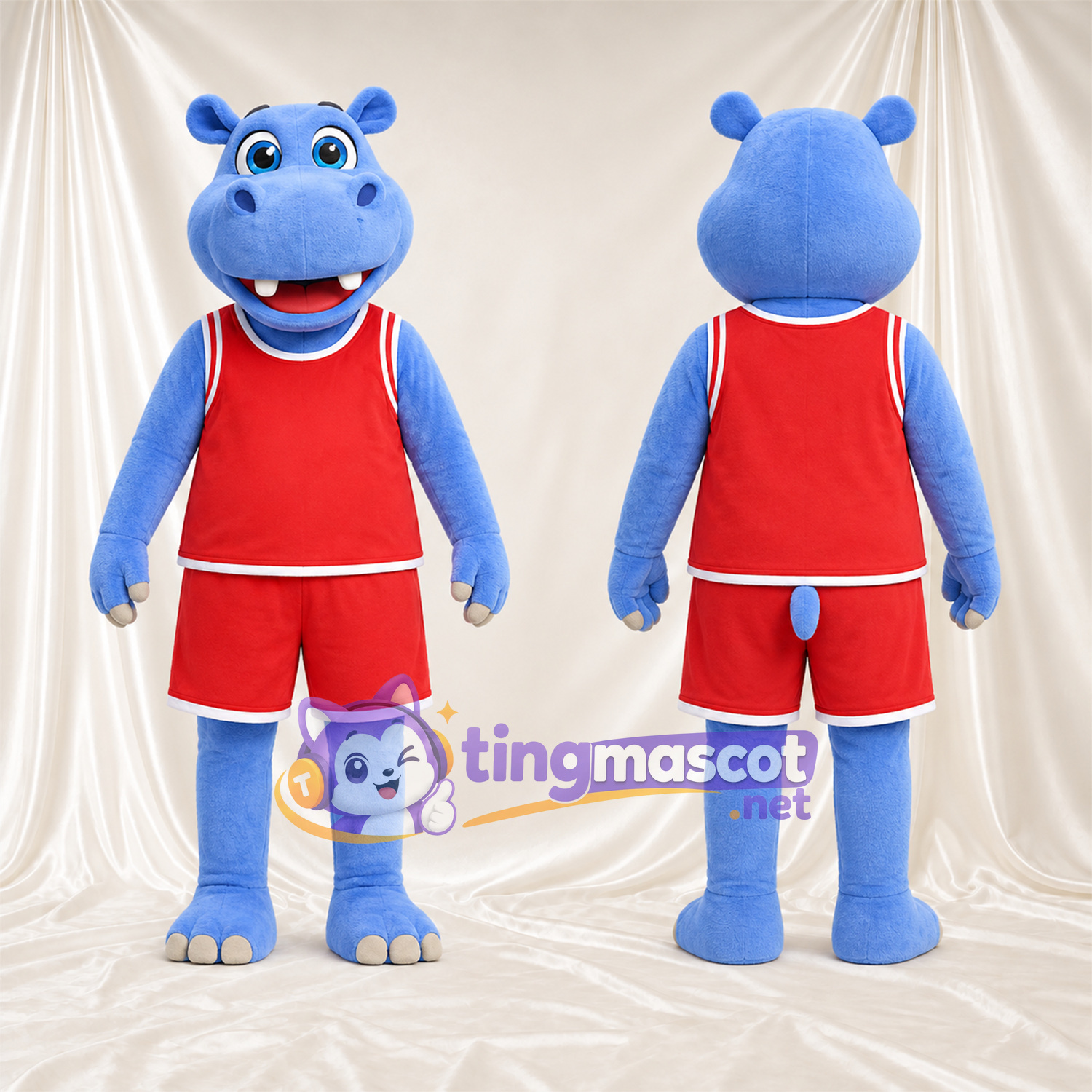 Blue Hippopotamus Mascot Costume - Red Basketball Uniform Blue Hippopotamus Mascot Costume - Red Basketball Uniform