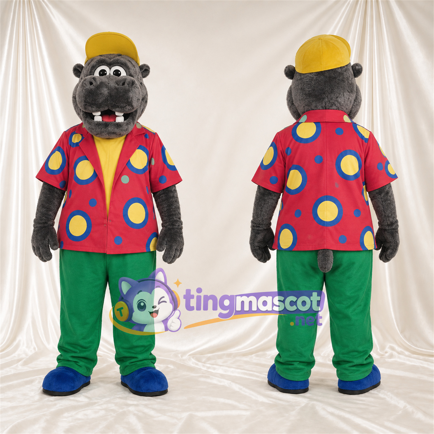 Costume de mascotte Hippopotame – gris – Chemise; Pantalon (vert) Costume de mascotte Hippopotame – gris – Chemise; Pantalon (vert)