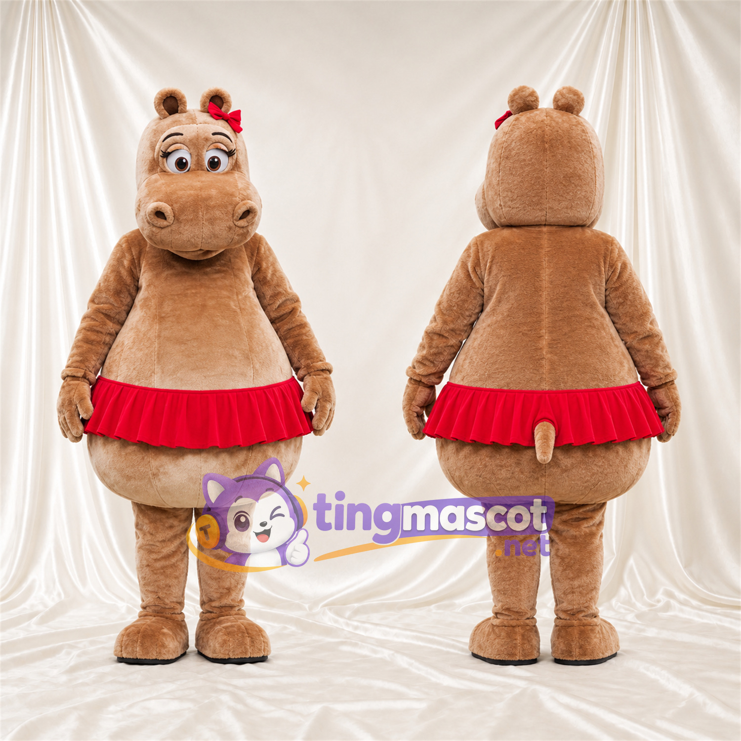 Costume de mascotte Hippopotame – brun clair – Jupe (rouge) Costume de mascotte Hippopotame – brun clair – Jupe (rouge)
