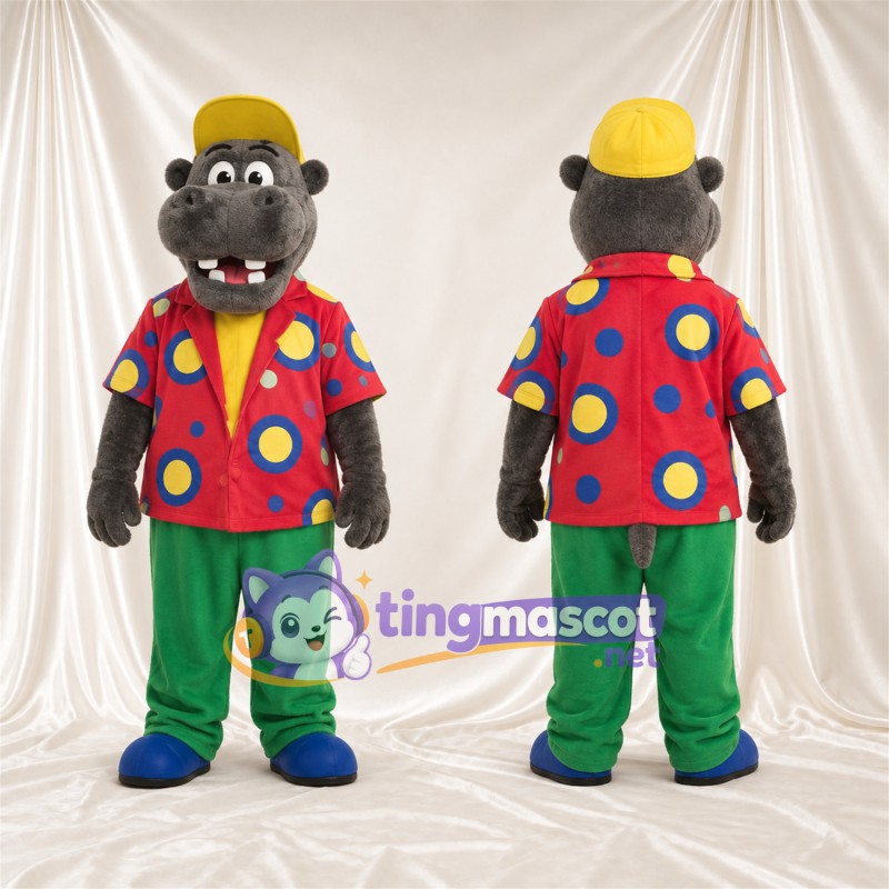 Costume de mascotte Hippopotame – gris – Chemise (multicolore); Pantalon (vert)