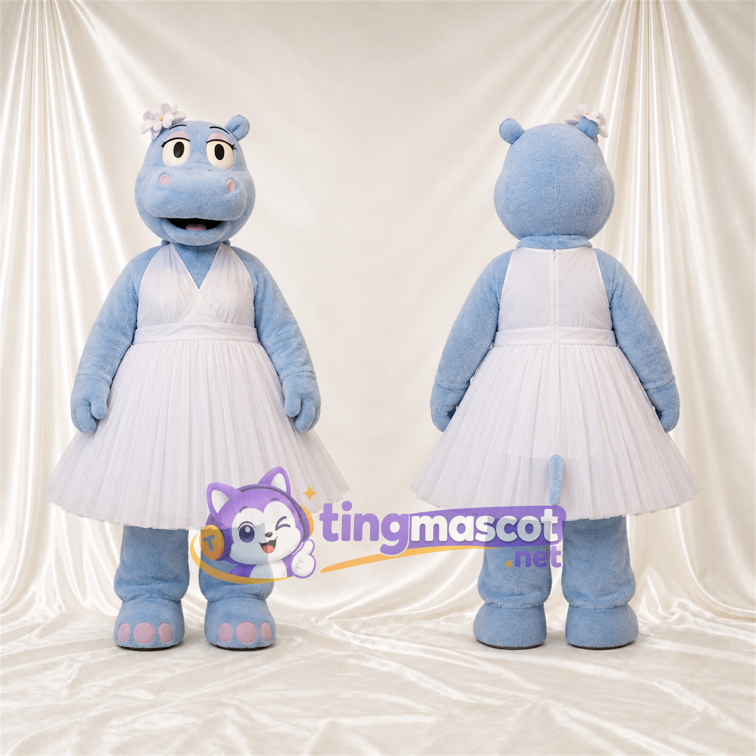 Costume de mascotte Hippopotame – bleu – Robe (blanc); Cils Costume de mascotte Hippopotame – bleu – Robe (blanc); Cils