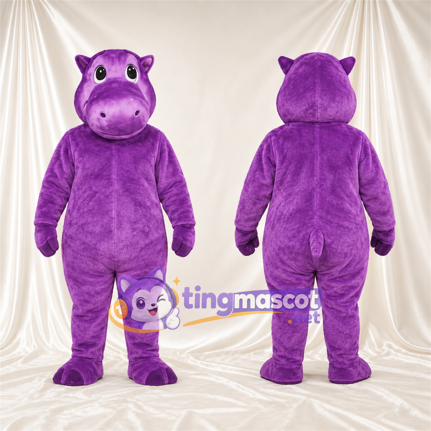 Costume de mascotte Hippopotame – violet – Petites oreilles rondes; Museau rond Costume de mascotte Hippopotame – violet – Petites oreilles rondes; Museau rond