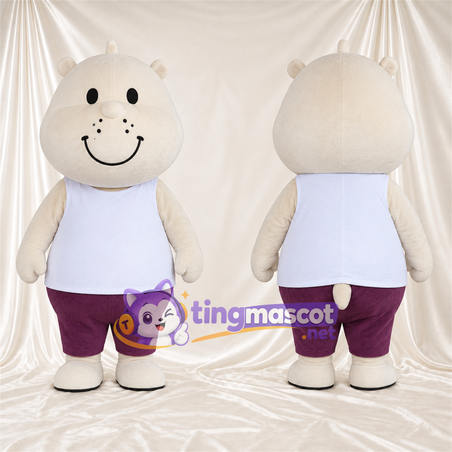 Costume de mascotte Hippopotame – blanc – T-shirt (blanc); Pantalon (violet) Costume de mascotte Hippopotame – blanc – T-shirt (blanc); Pantalon (violet)