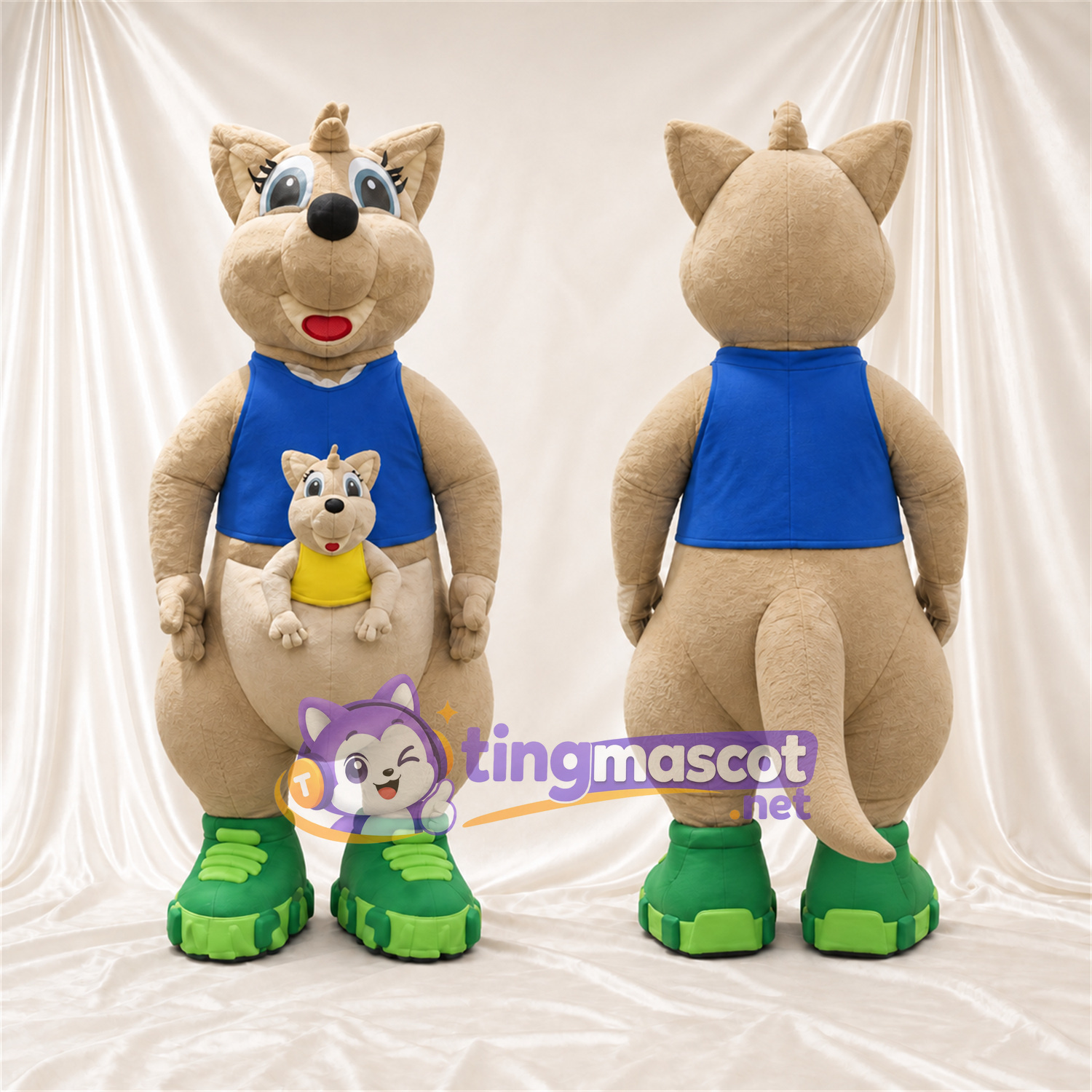 Costume de mascotte Kangourou – brun clair – Chemise (bleu); Poche ventrale Costume de mascotte Kangourou – brun clair – Chemise (bleu); Poche ventrale