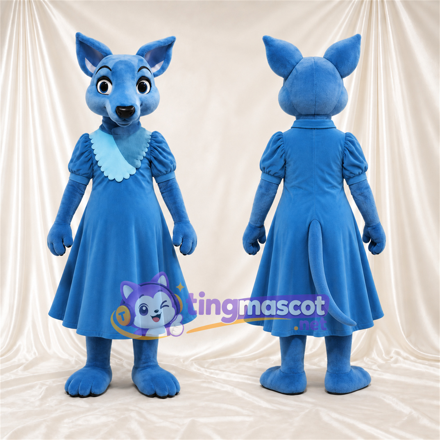 Blue Kangaroo Mascot Costume - Blue Dress, Puffed Sleeves and Ruffled Collar Blue Kangaroo Mascot Costume - Blue Dress, Puffed Sleeves and Ruffled Collar