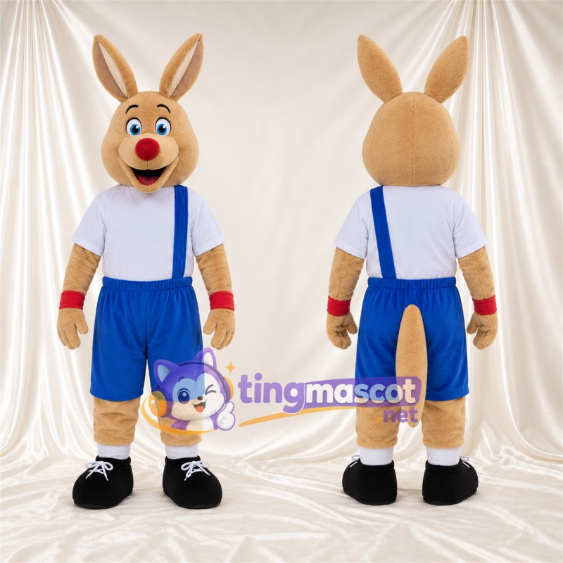 Costume de mascotte Kangourou – brun clair – Chemise (blanc); Salopette (bleu)