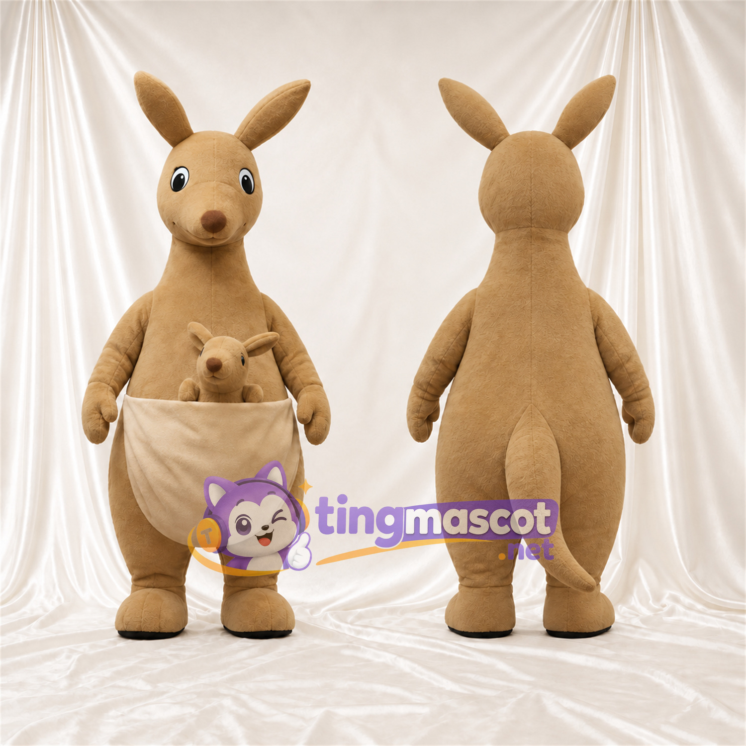 Tan Kangaroo Mascot Costume - Joey in Pouch and Large Front Pouch Tan Kangaroo Mascot Costume - Joey in Pouch and Large Front Pouch