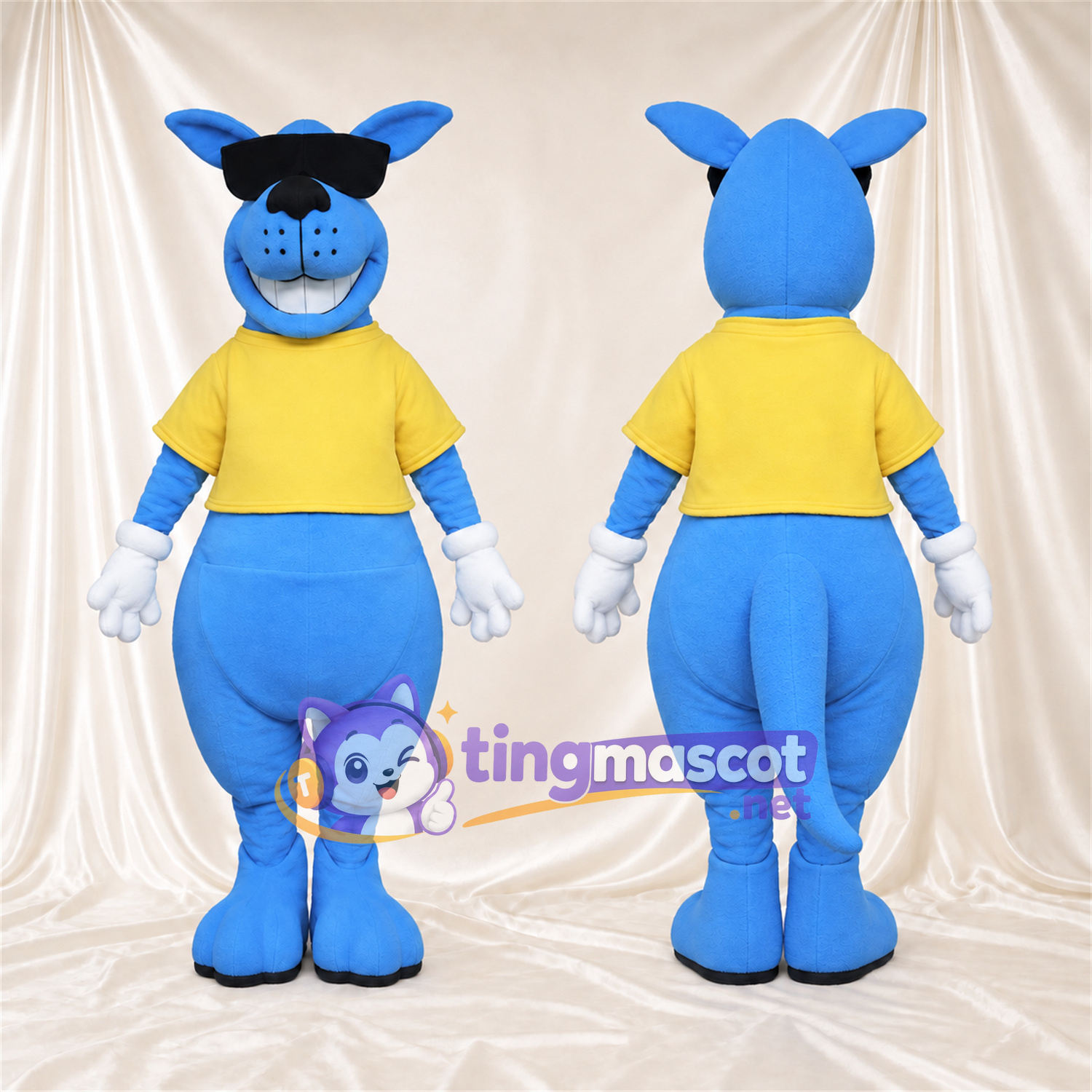Costume de mascotte Kangourou – bleu – Chemise (jaune); Lunettes de soleil Costume de mascotte Kangourou – bleu – Chemise (jaune); Lunettes de soleil
