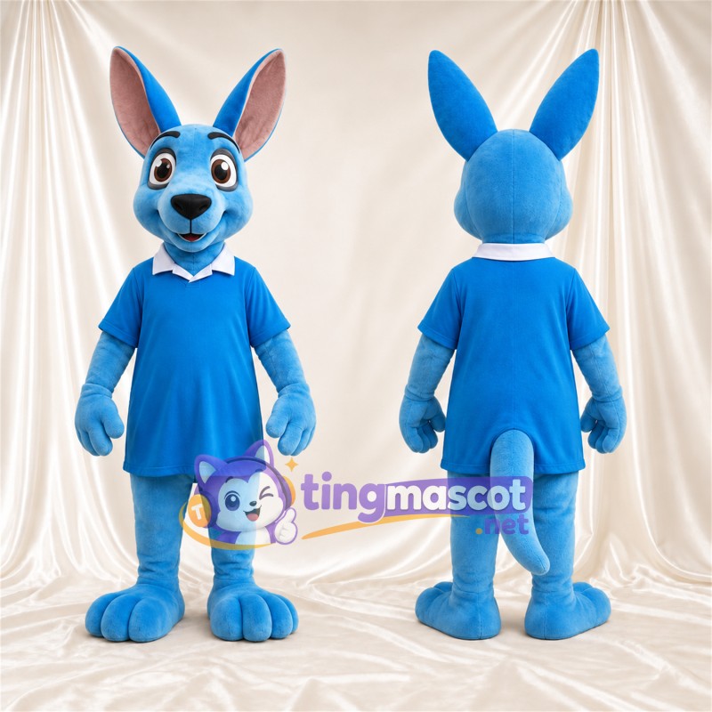 Blue Kangaroo Mascot Costume - Blue Dress, Pink Inner Ears and White Collar