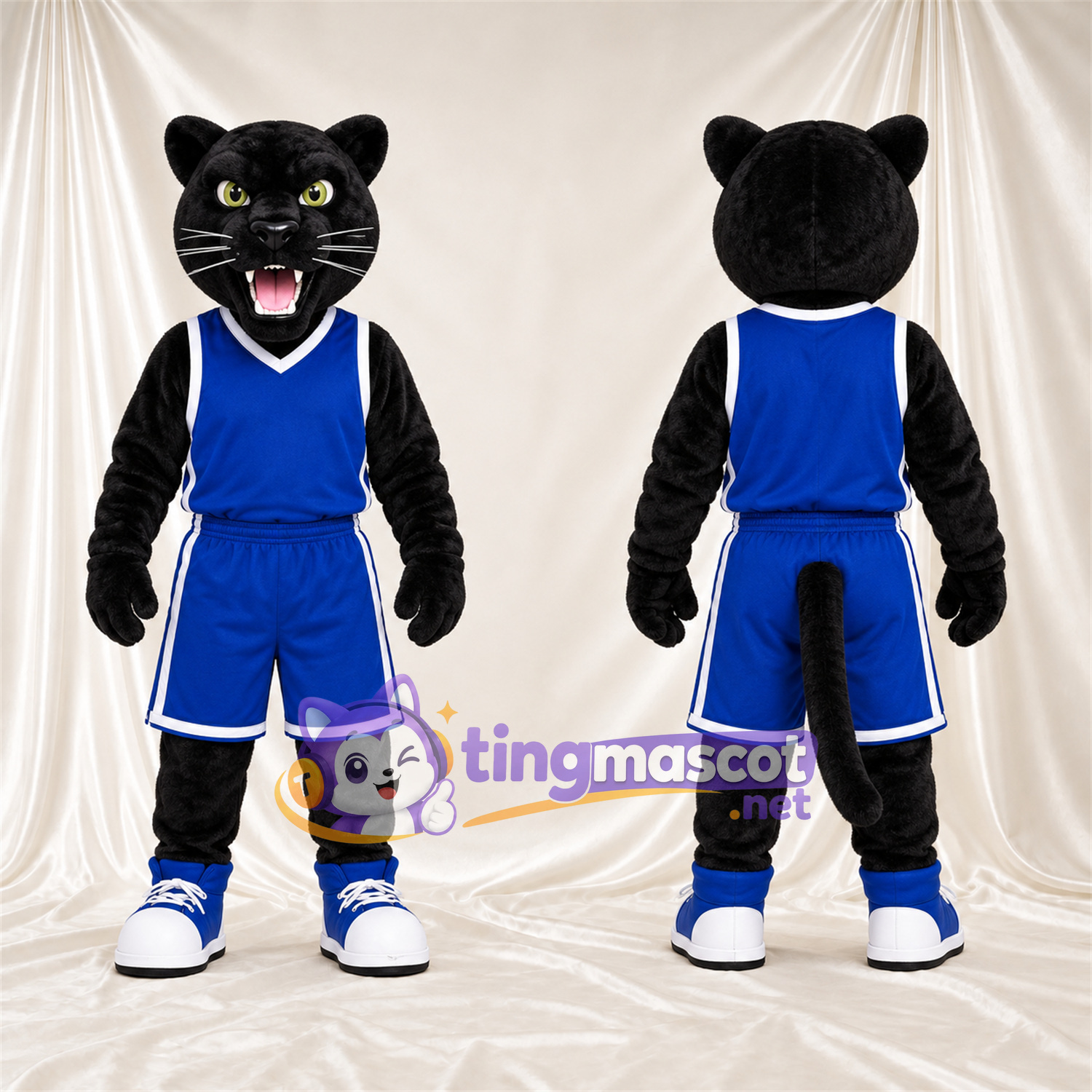 Black Wildcat Mascot Costume - Blue Basketball Uniform Black Wildcat Mascot Costume - Blue Basketball Uniform