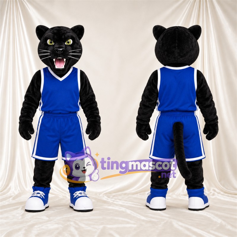 Black Wildcat Mascot Costume - Blue Basketball Uniform