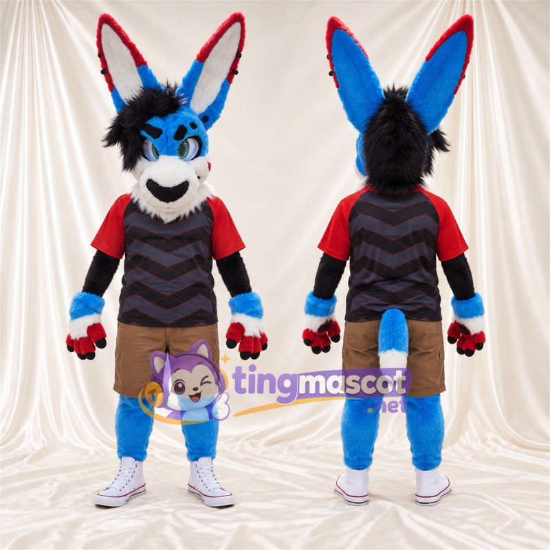 Blue Rabbit Mascot Costume - Striped Shirt and Brown Shorts