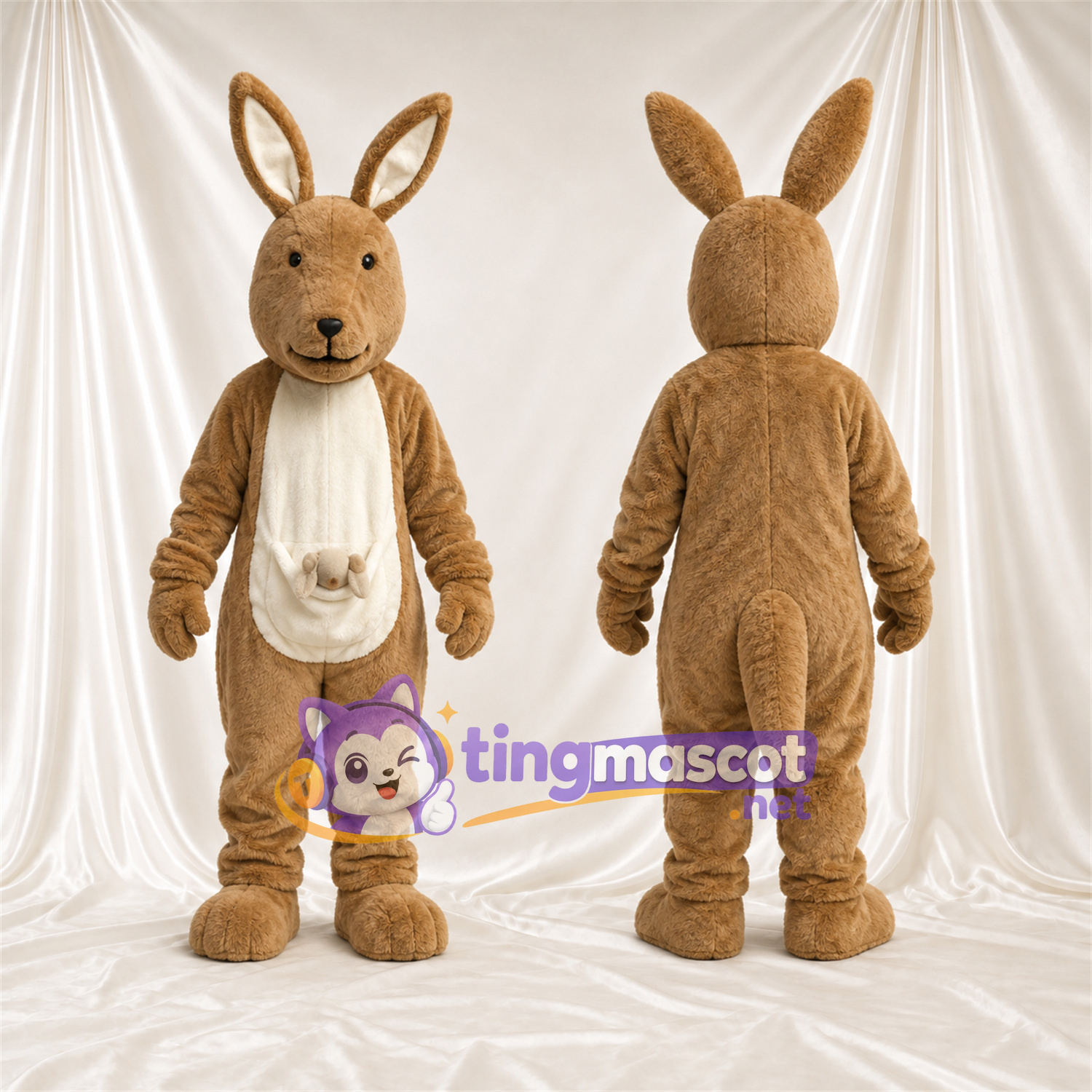 Costume de mascotte Kangourou – marron – Poche ventrale (blanc) Costume de mascotte Kangourou – marron – Poche ventrale (blanc)