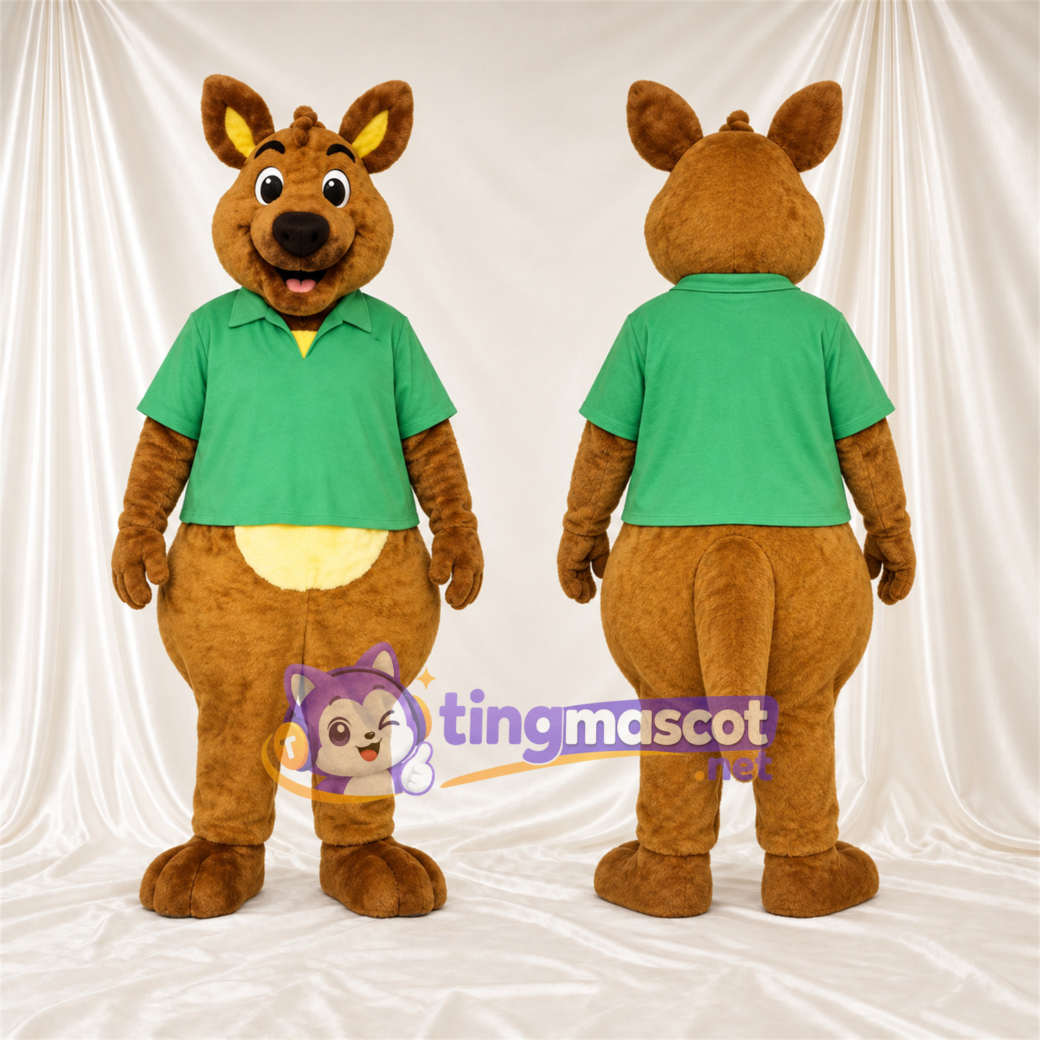 Maskottchenkostüm Känguru – braun – Poloshirt (grün) Maskottchenkostüm Känguru – braun – Poloshirt (grün)