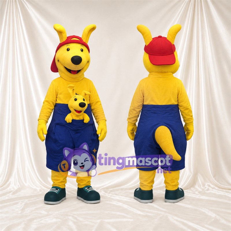 Maskottchenkostüm Känguru – gelb – Shorts (blau); Kappe (rot)
