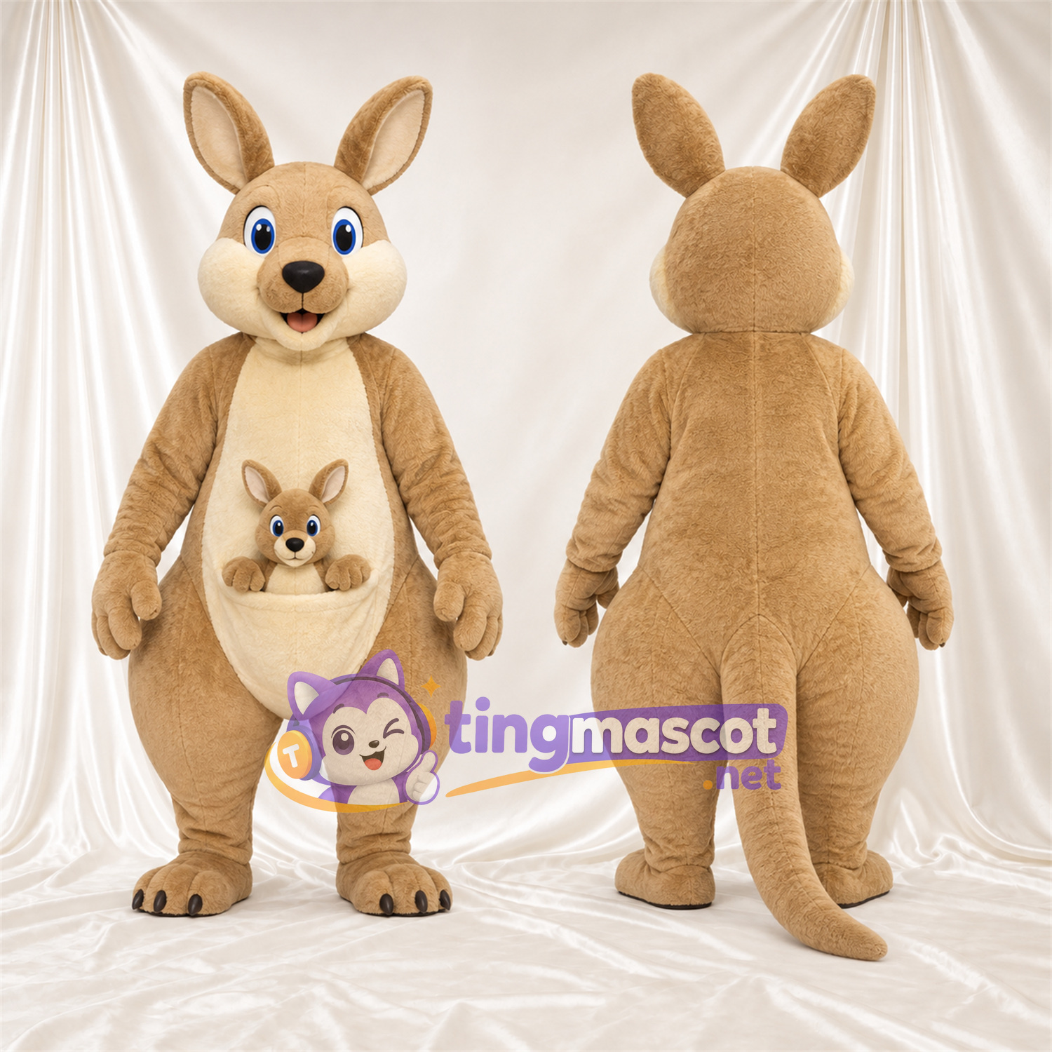 Costume de mascotte Kangourou – brun clair – Griffes (noir); Petit dans la poche Costume de mascotte Kangourou – brun clair – Griffes (noir); Petit dans la poche