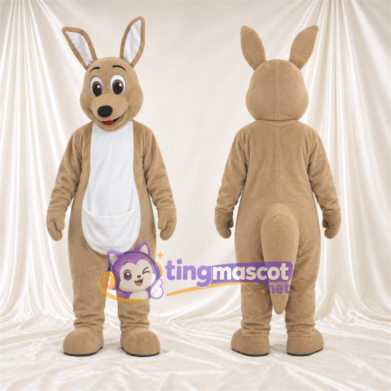 Costume de mascotte Kangourou – brun clair – Poche ventrale (blanc)