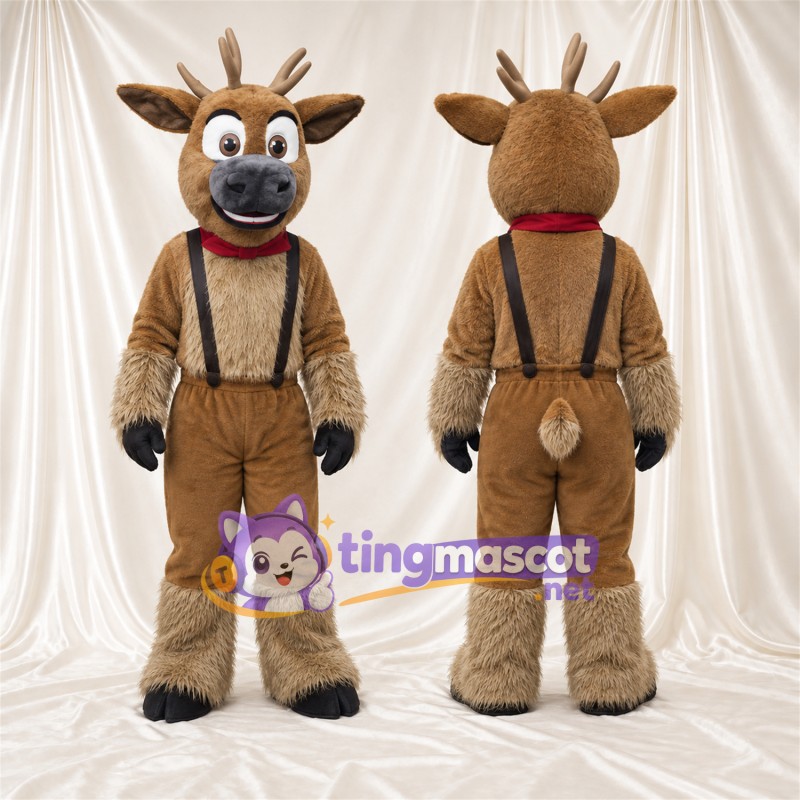Brown Reindeer Mascot Costume - Brown Overalls