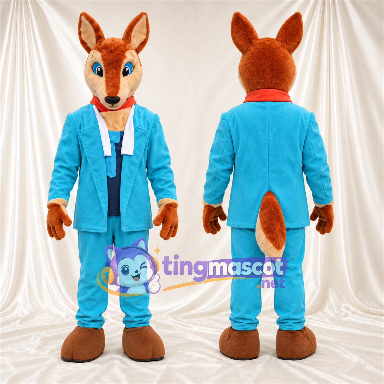 Maskottchenkostüm Hirsch – braun – Anzug (blau) Maskottchenkostüm Hirsch – braun – Anzug (blau)