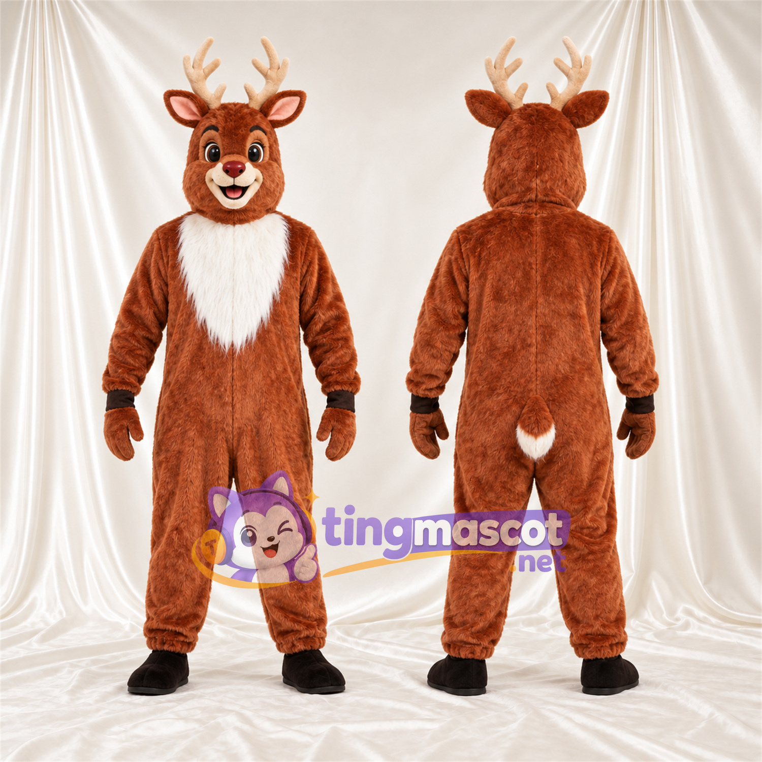 Costume de mascotte Cerf – marron – Torse (blanc); Bois (crème) Costume de mascotte Cerf – marron – Torse (blanc); Bois (crème)