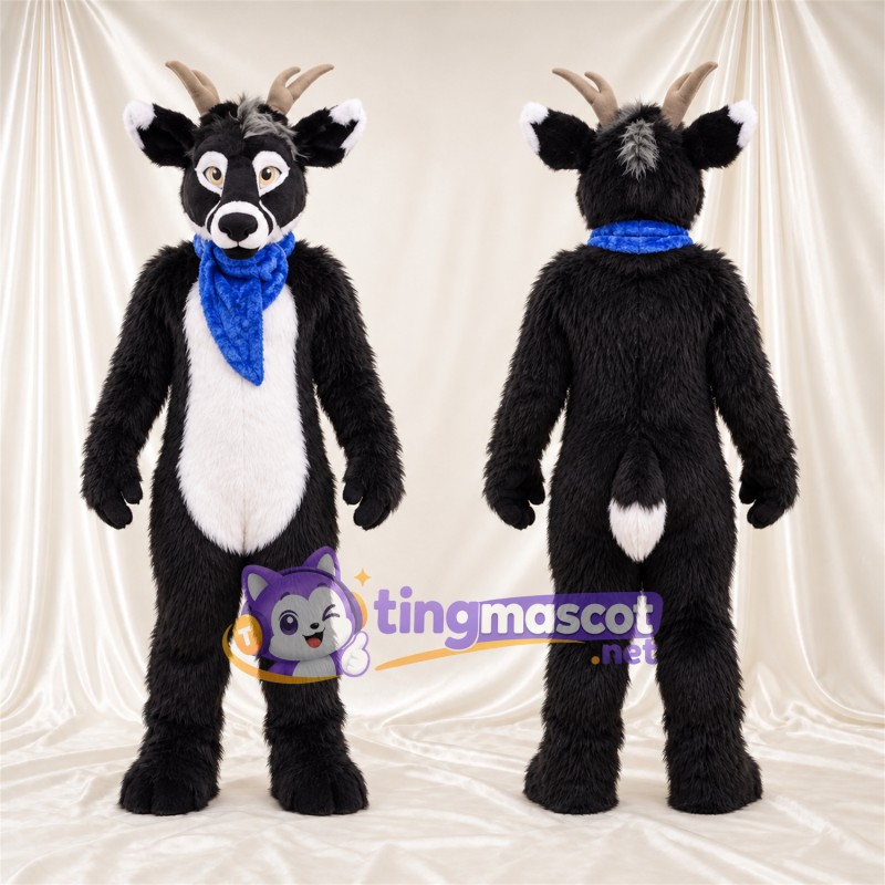 Black and White Deer Mascot Costume - Blue Scarf