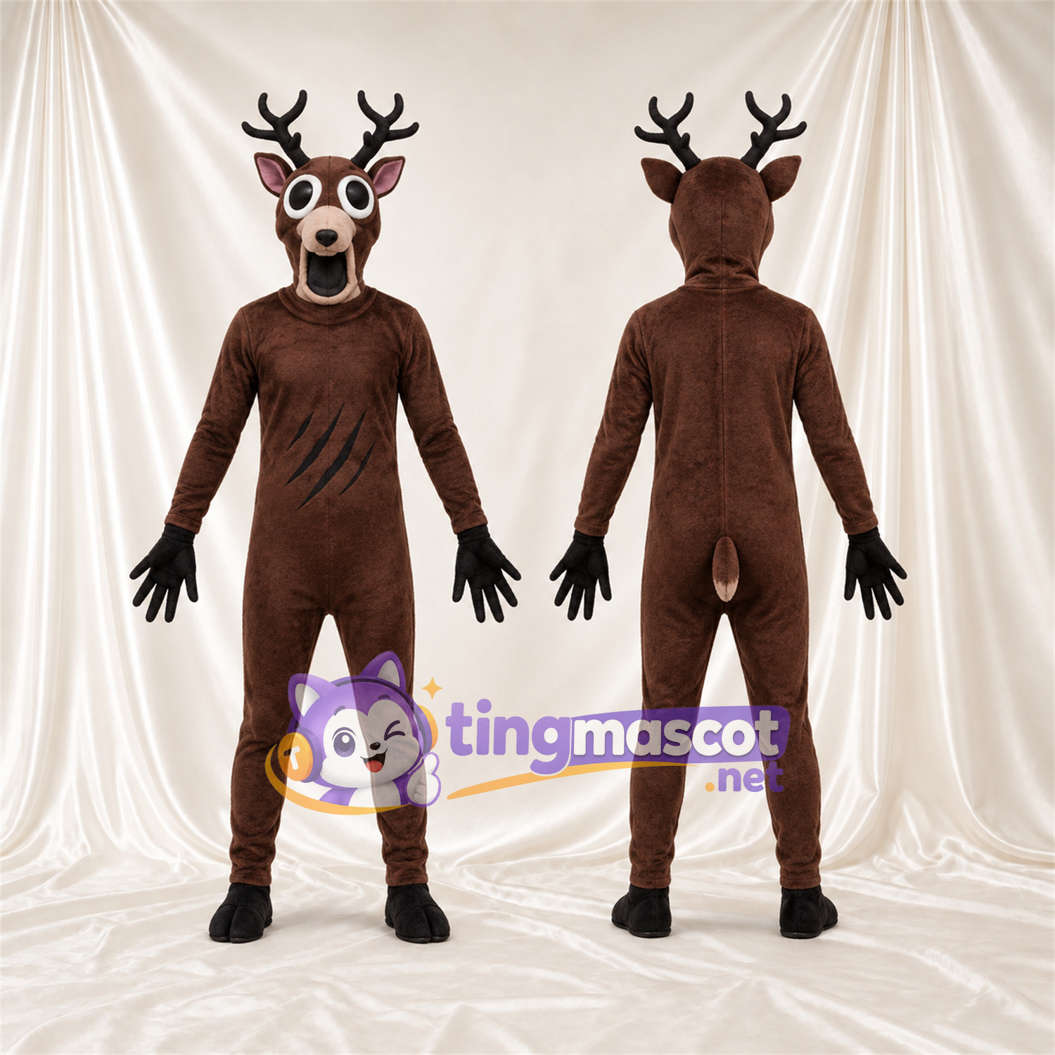 Brown Deer Mascot Costume - Wide Antlers and Black Gloves Brown Deer Mascot Costume - Wide Antlers and Black Gloves