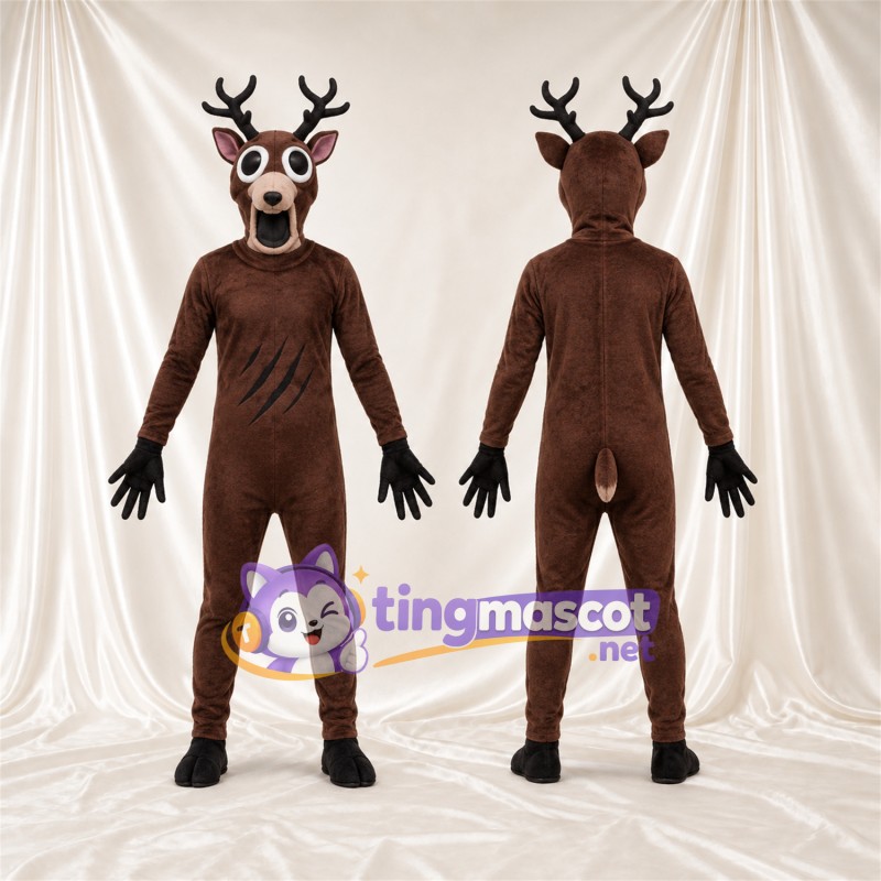 Brown Deer Mascot Costume - Wide Antlers and Black Gloves