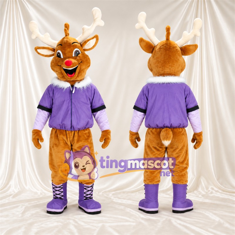Costume de mascotte Cerf – marron – Veste (violet); Bois (blanc)