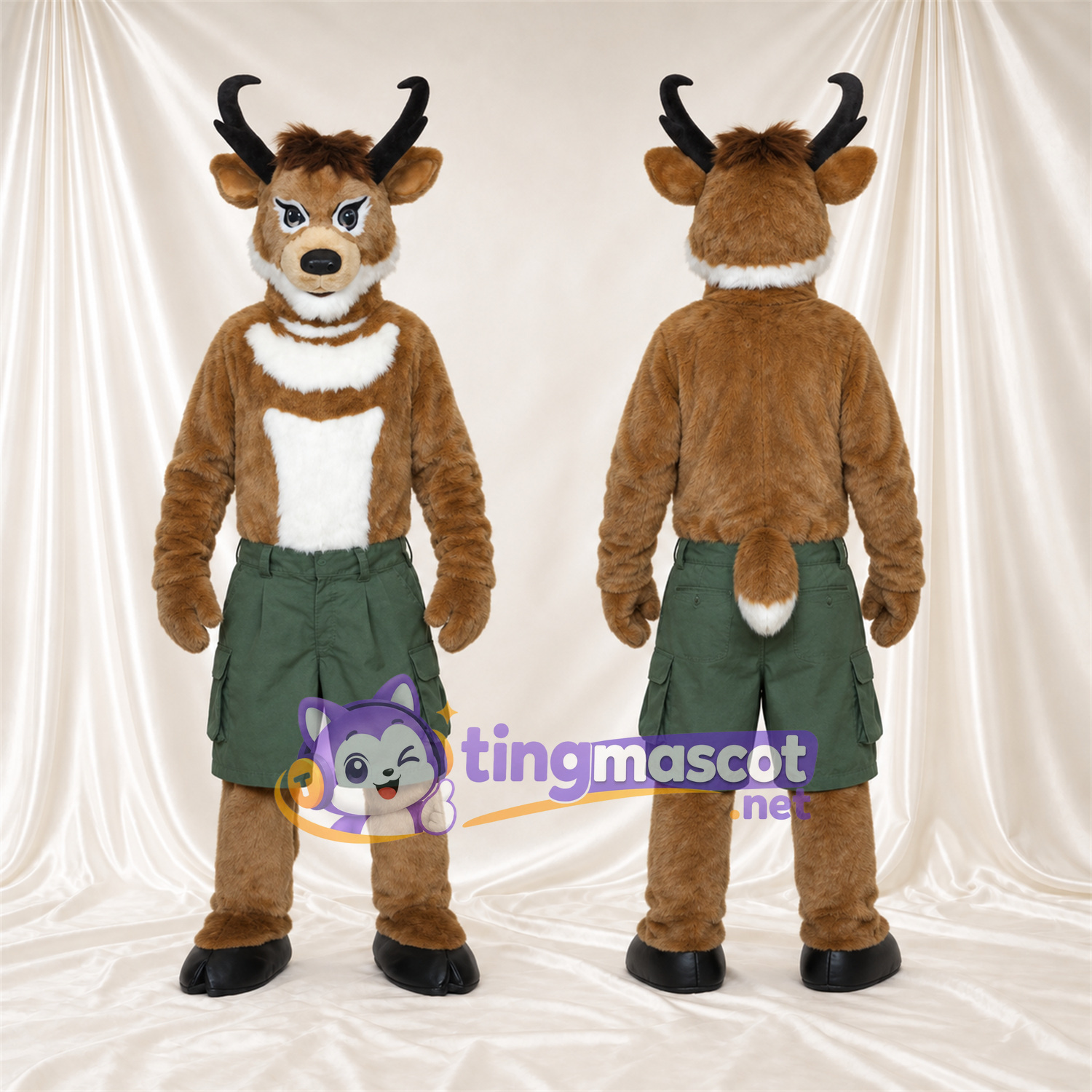 Costume de mascotte Cerf – marron – Short (vert) Costume de mascotte Cerf – marron – Short (vert)