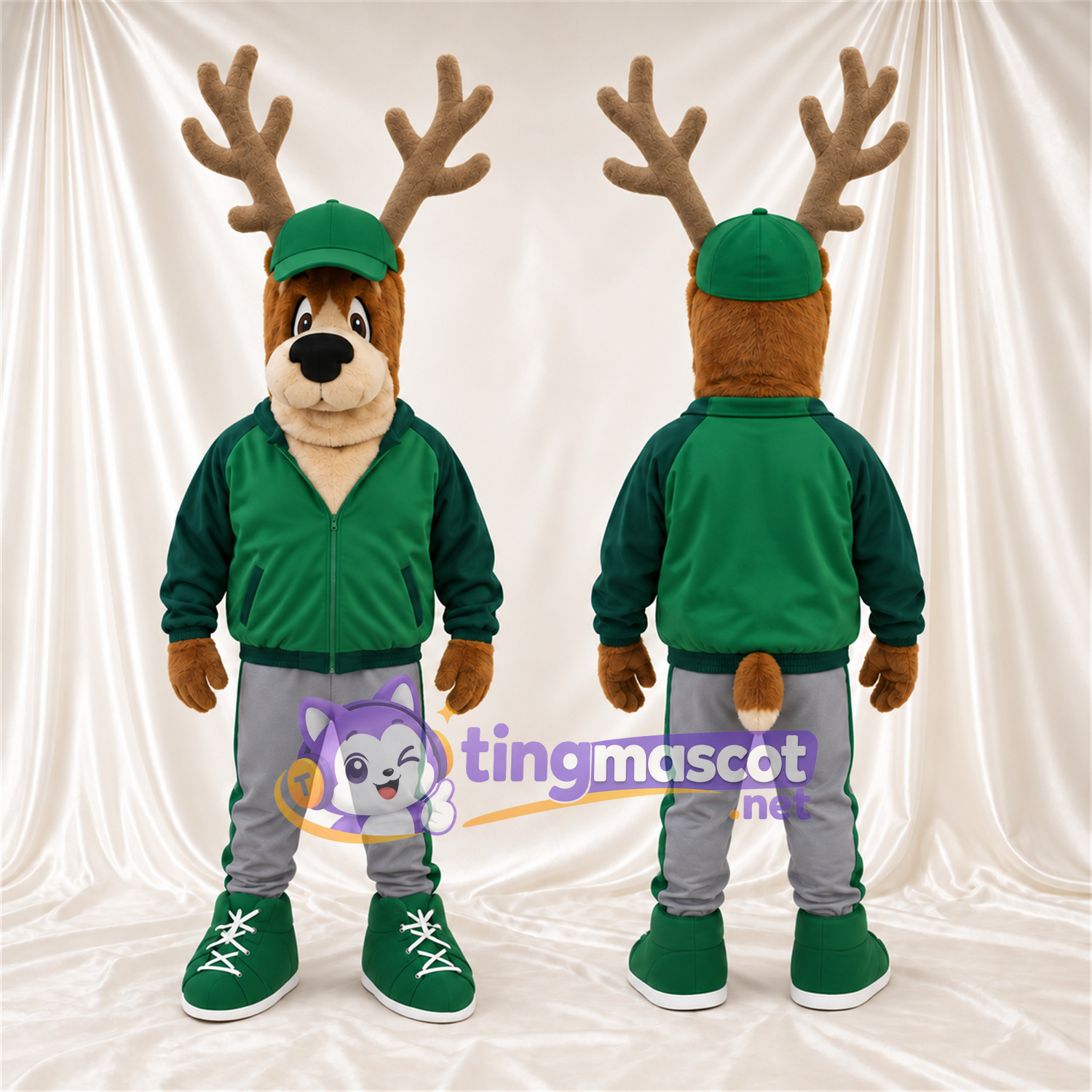 Costume de mascotte Cerf – marron – Veste (vert); Casquette Costume de mascotte Cerf – marron – Veste (vert); Casquette