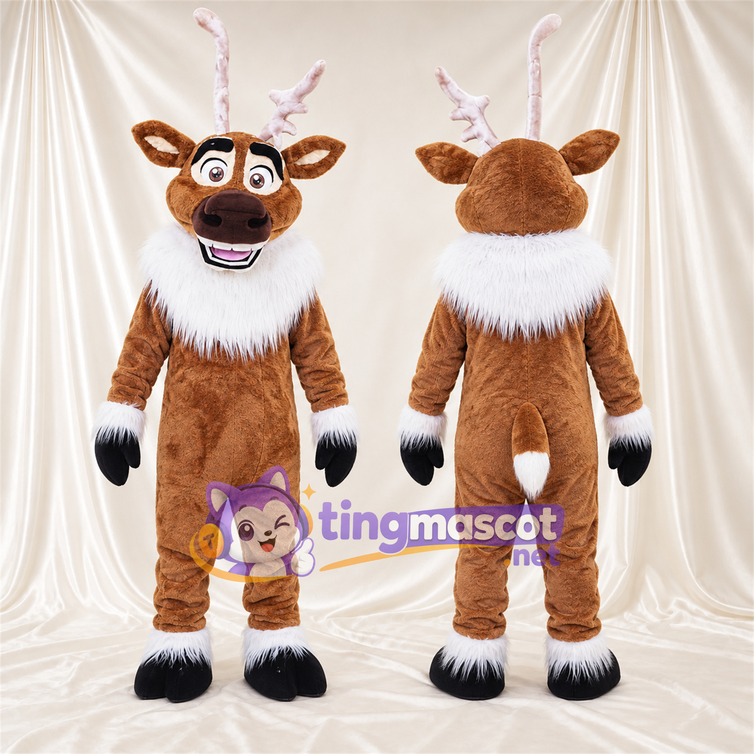 Maskottchenkostüm Hirsch – braun – Halskrause (weiß); Handgelenkmanschetten (weiß) Maskottchenkostüm Hirsch – braun – Halskrause (weiß); Handgelenkmanschetten (weiß)