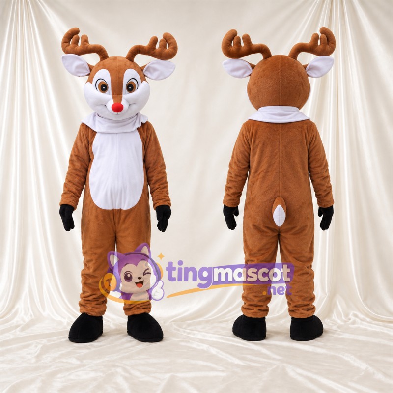 Costume de mascotte Cerf – marron – Nez (rouge); Écharpe (blanc)