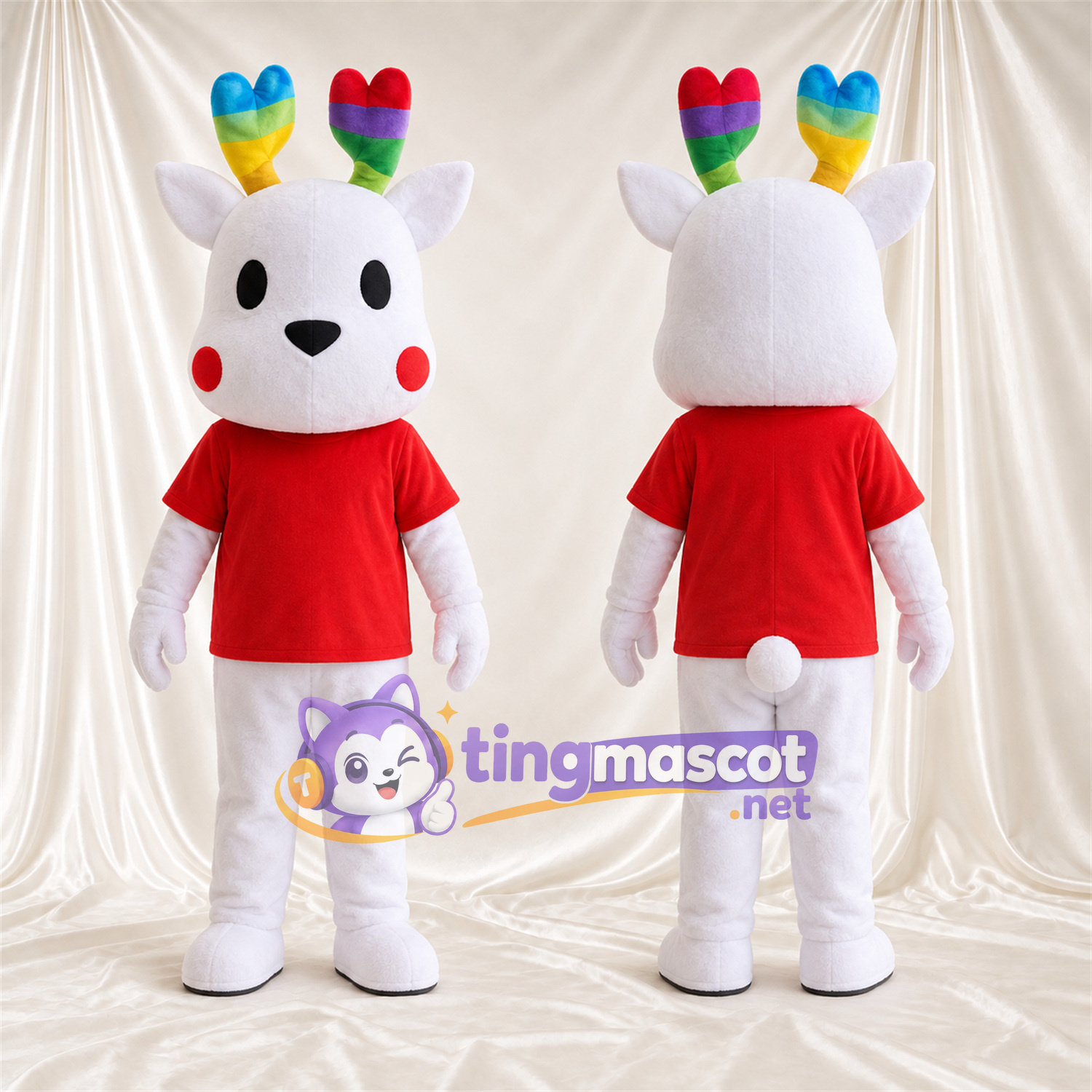Costume de mascotte Cerf – blanc – Bois (arc-en-ciel); Chemise (rouge) Costume de mascotte Cerf – blanc – Bois (arc-en-ciel); Chemise (rouge)