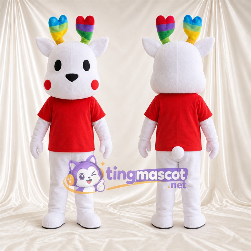 Costume de mascotte Cerf – blanc – Bois (arc-en-ciel); Chemise (rouge)