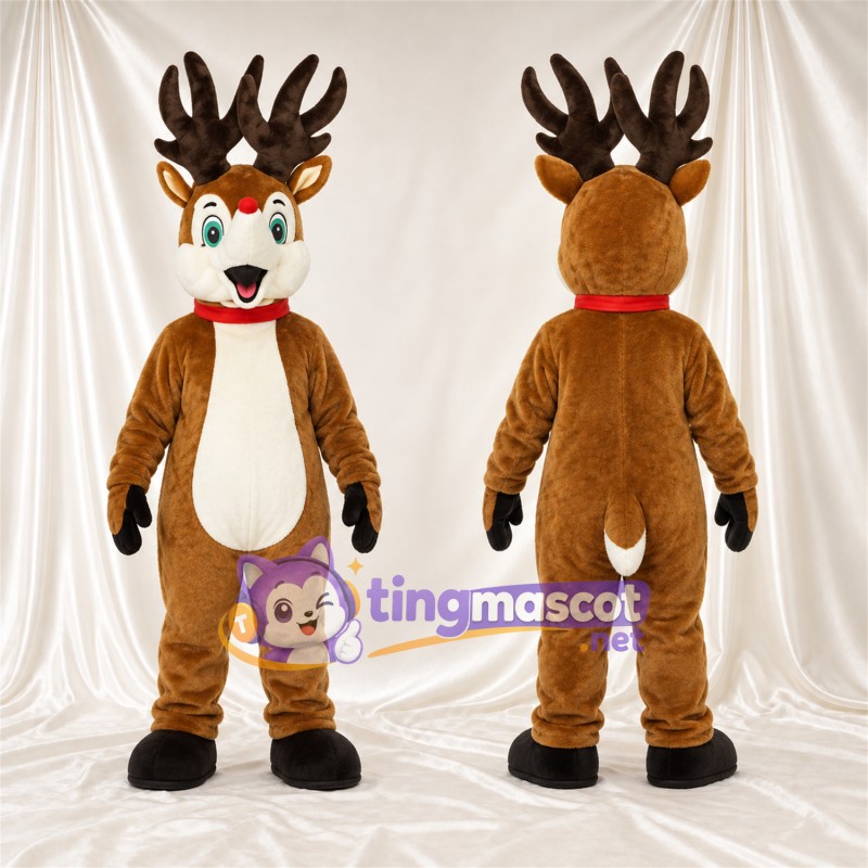 Costume de mascotte Cerf – marron – Yeux (vert); Col (rouge)