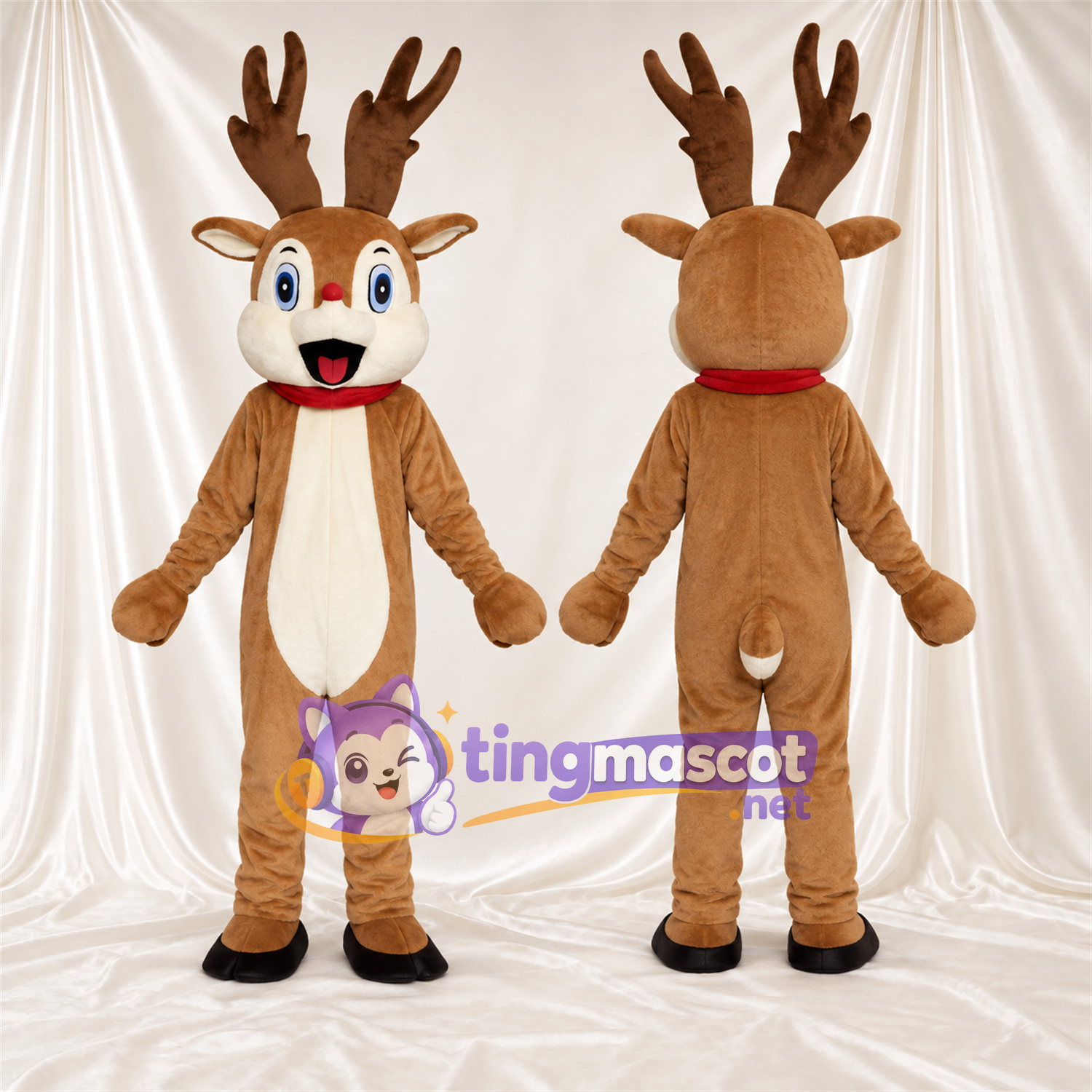 Costume de mascotte Cerf – marron – Yeux (bleu); Col (rouge) Costume de mascotte Cerf – marron – Yeux (bleu); Col (rouge)