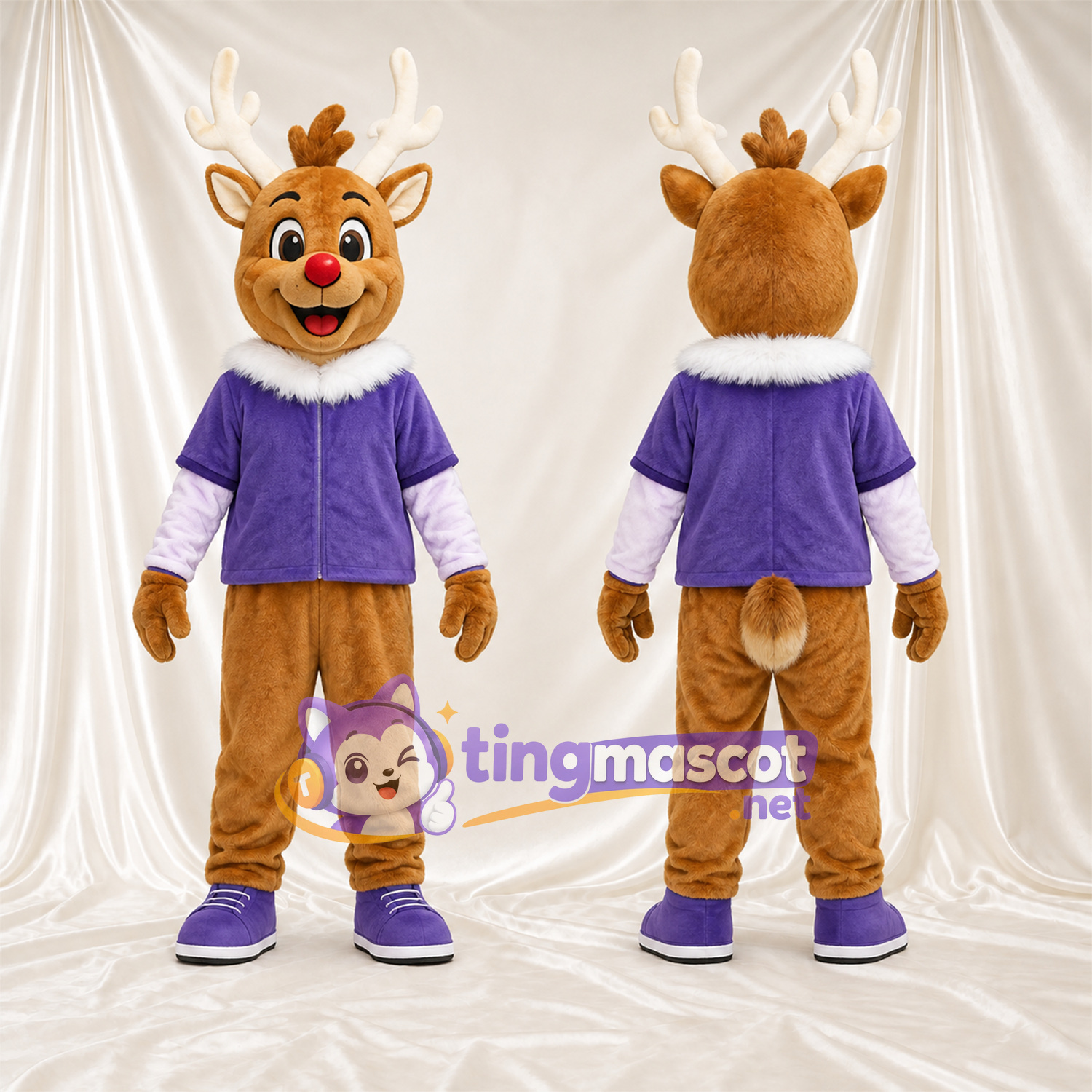 Costume de mascotte Cerf – marron – Veste (violet); Bois (blanc) Costume de mascotte Cerf – marron – Veste (violet); Bois (blanc)