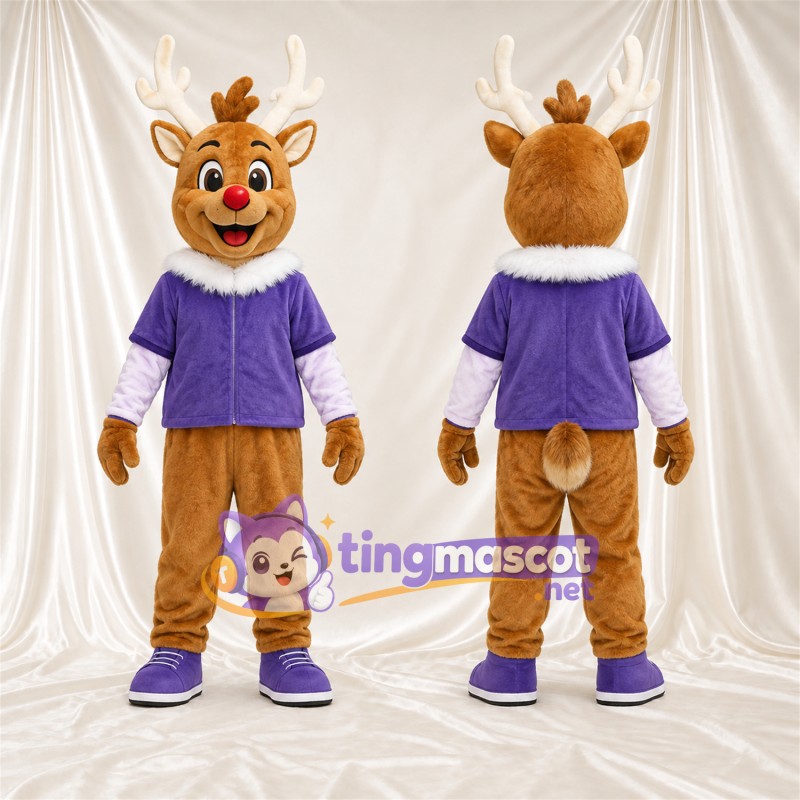 Costume de mascotte Cerf – marron – Veste (violet); Bois (blanc)